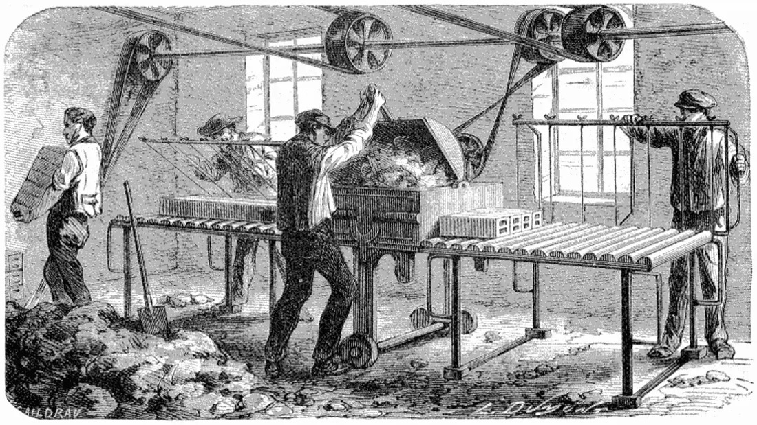 Fabrication mécanique de briques creuses, La Nature, 1874.