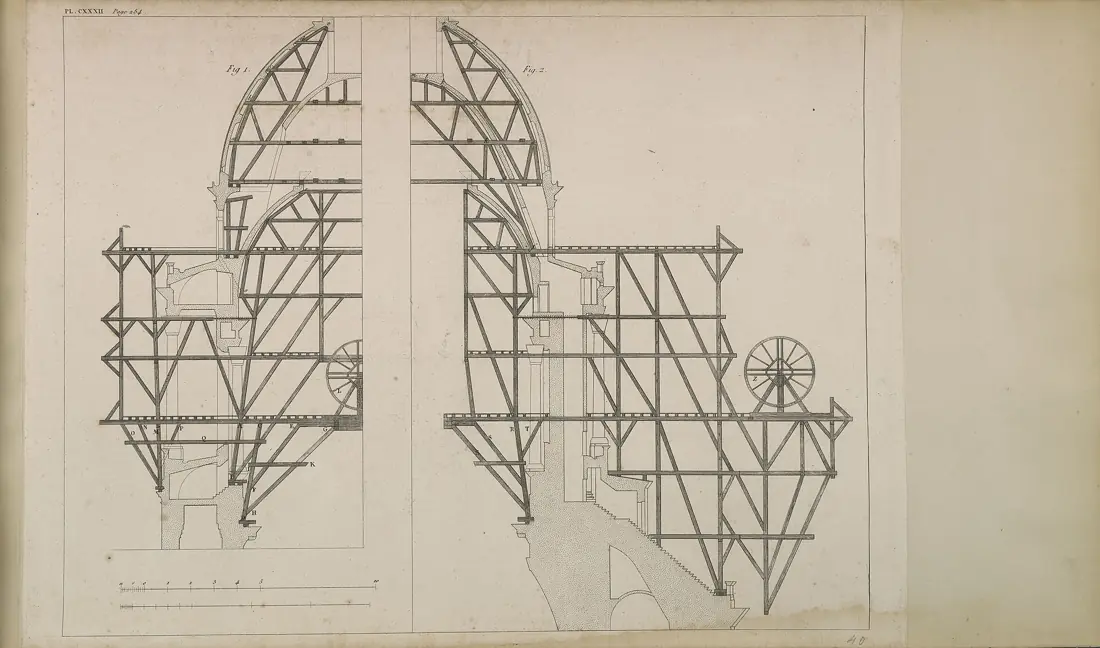 Cintres et échafaudages pour la construction du dôme du Panthéon (gravure).