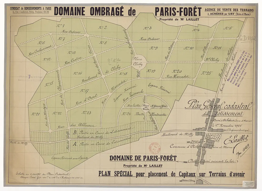 Plan d'un lotissement à Achères-la-Forêt (Seine-et-Marne), 1925 : des lots vendus « pour placement de capitaux ».