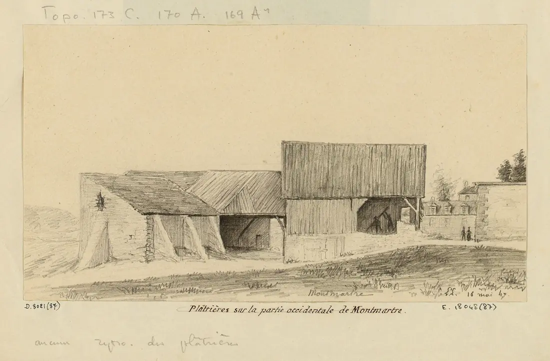 Plâtrières sur le flanc ouest de Montmartre, dessin de Léon Leymonnerye.