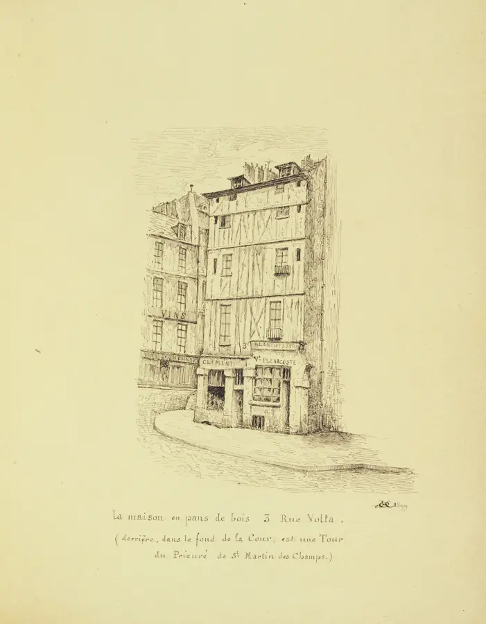 3 rue Volta (Paris 3e), maison à pans de bois de 1644, dessin d'Henri Chapelle.